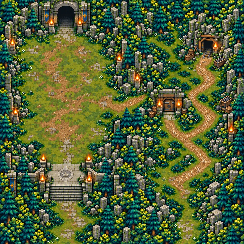 The forest fortress of Briarwatch, with its stone gate, King's courtyard and winding path to the gold mine.